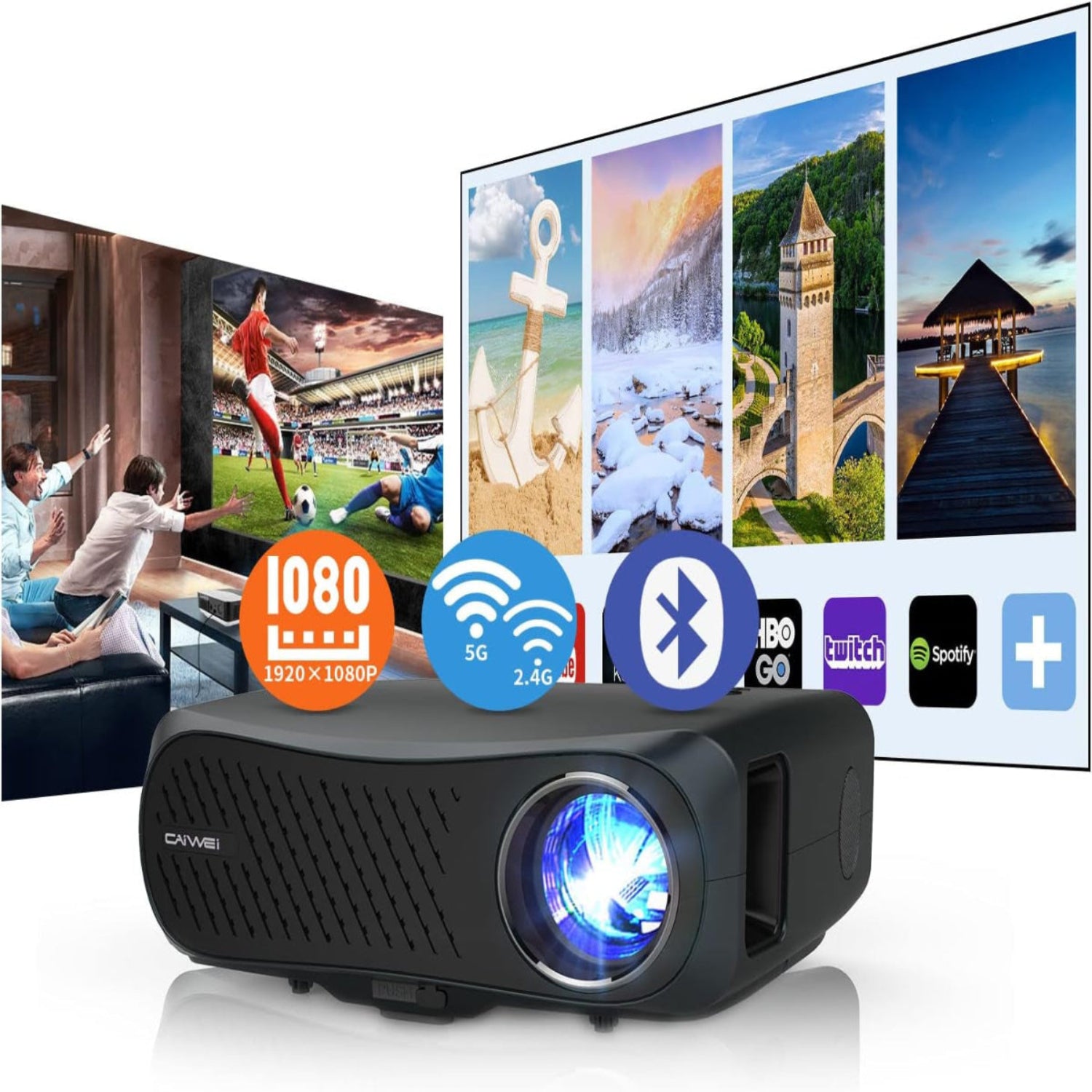 Smart Home Projector 10,000 Lumen Native 1080P Projector 4K Support 300'' Image, Inbuilt Android System & 5G Wifi Bluetooth Projector Full HD for Outdoor Movie Theater Netflix Gaming Work