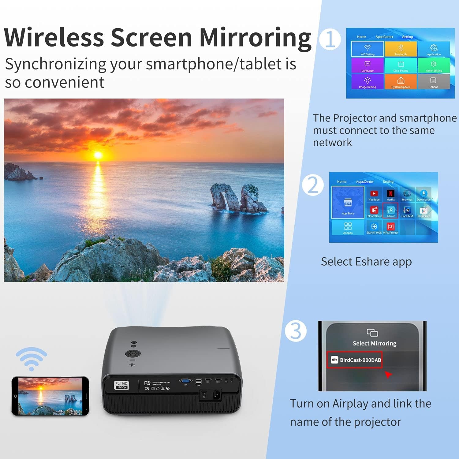Smart Home Projector 10,000 Lumen Native 1080P Projector 4K Support 300'' Image, Inbuilt Android System & 5G Wifi Bluetooth Projector Full HD for Outdoor Movie Theater Netflix Gaming Work